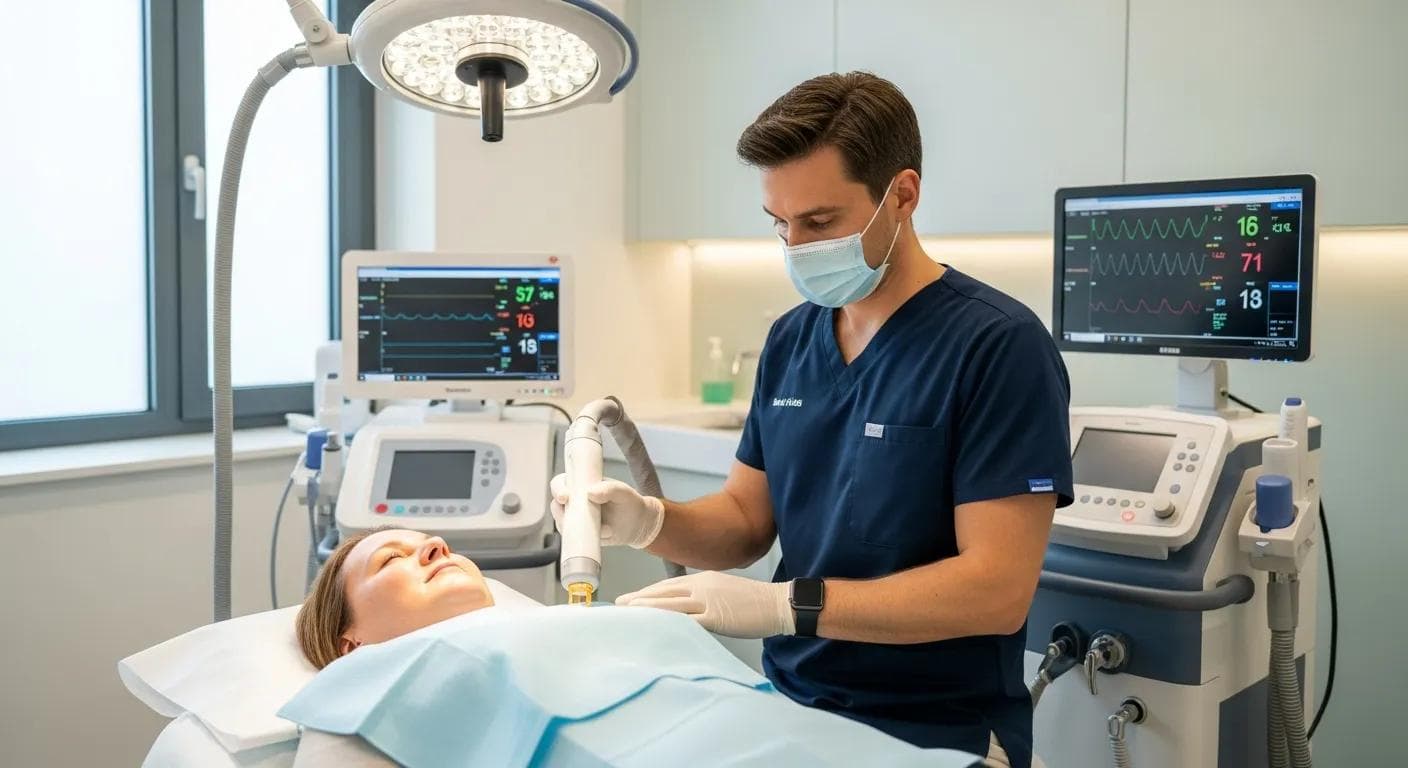 Modern klinikte hekim ve hasta ile lazerle hidradenit tedavisi uygulaması