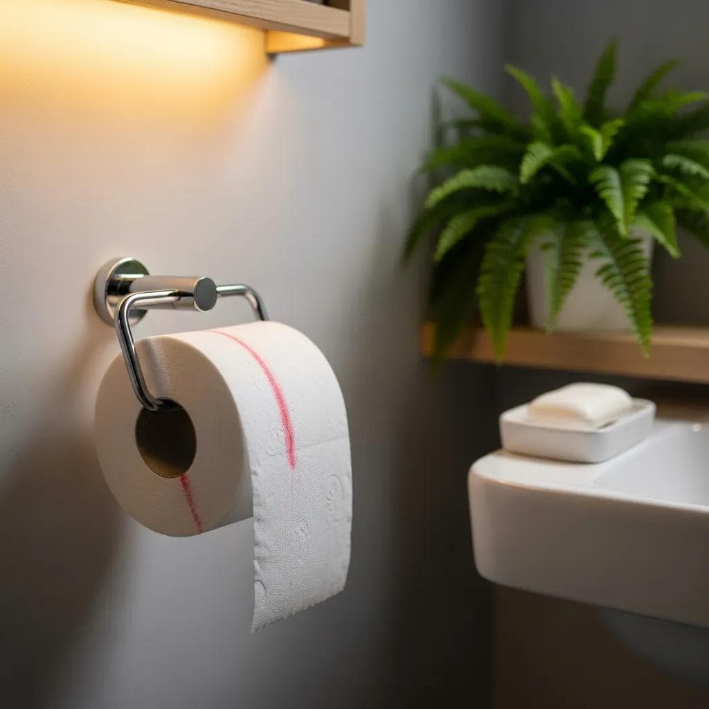 Serene bathroom scene with toilet paper and subtle red hint, symbolizing rectal bleeding awareness
