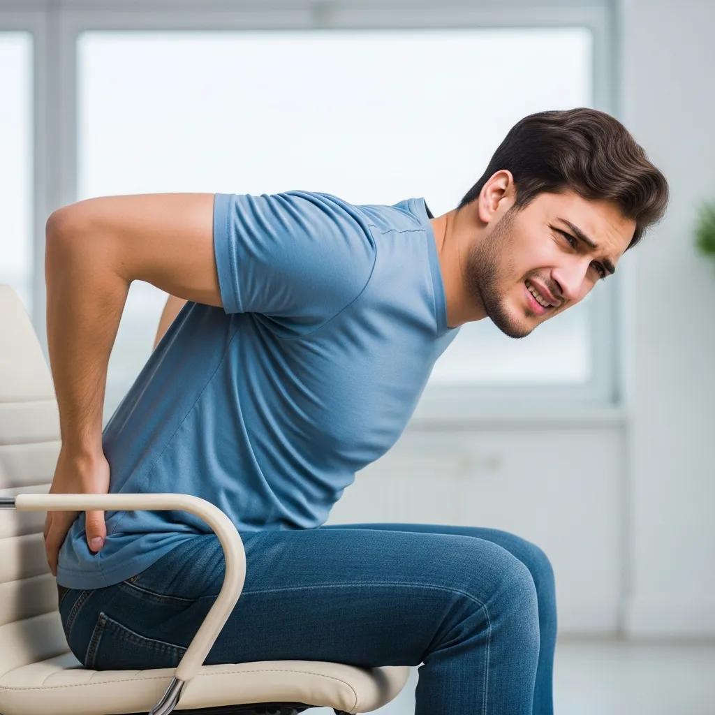 Young man feeling pain at the tailbone, showing the discomfort caused by a pilonidal sinus