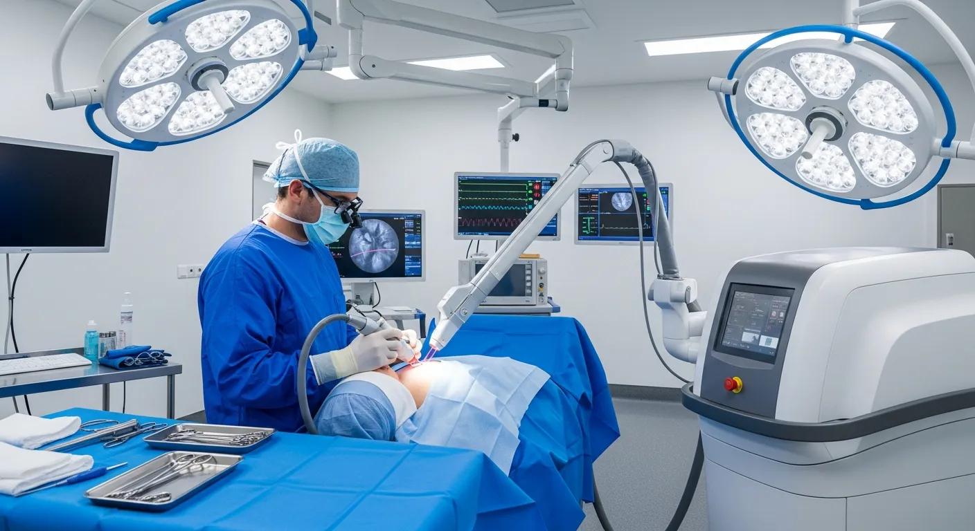 Doctor performing laser treatment in a modern medical operating room
