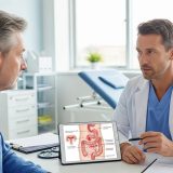 Healthcare men professional consulting with a patient about rectal bleeding in a bright clinic