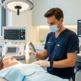 Modern klinikte hekim ve hasta ile lazerle hemoroid tedavisi uygulaması