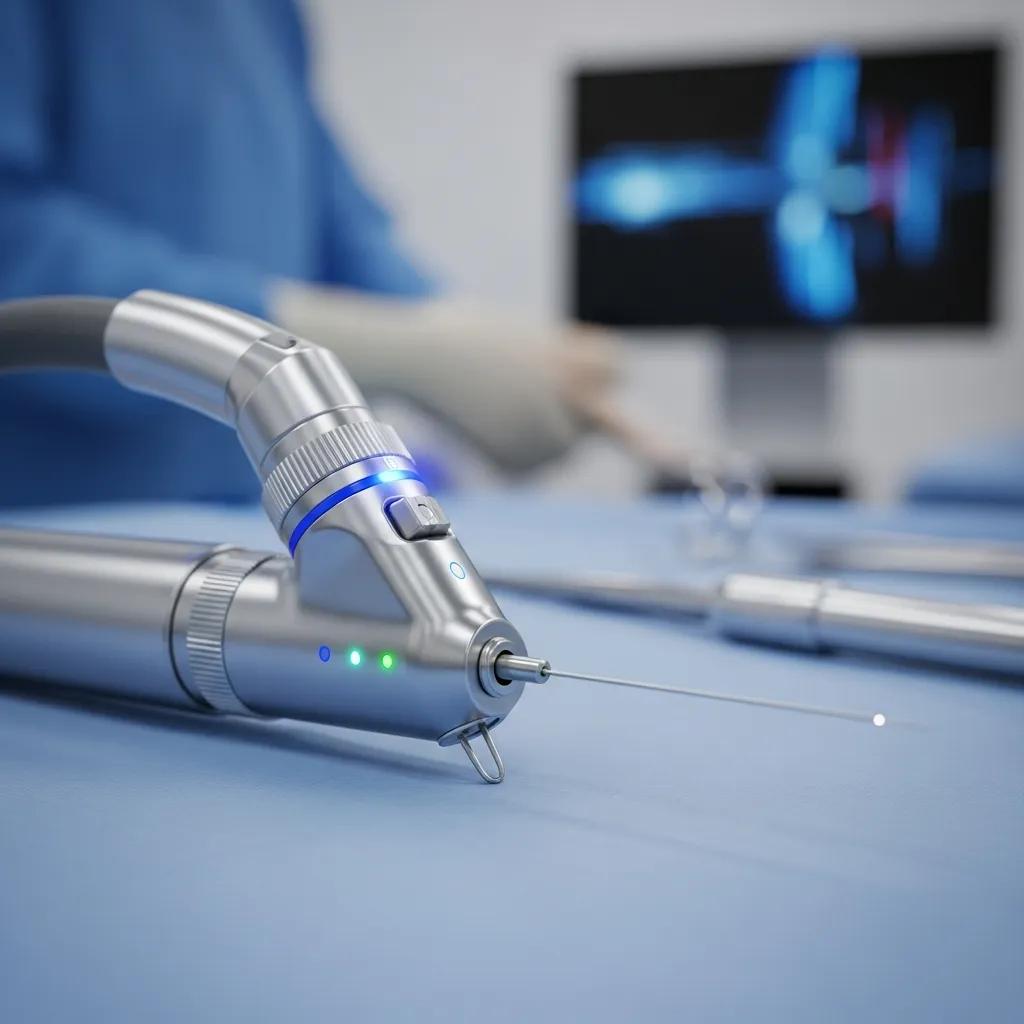 Hemoroid cerrahisinde kullanılan lazer cihazının yakın çekimi, hassasiyet ve teknoloji vurgulanıyor